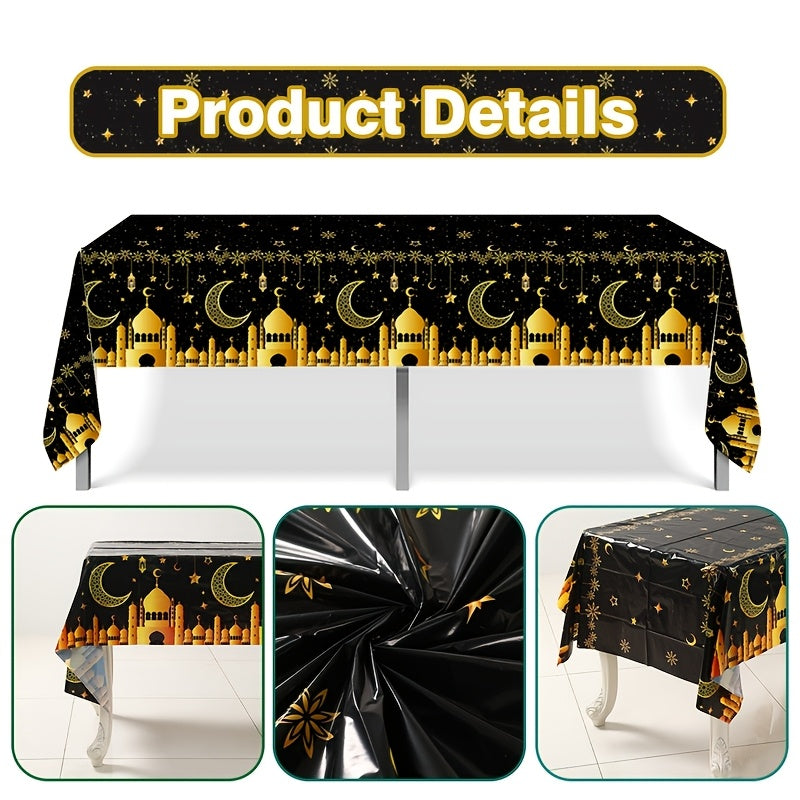 Eid Mubarak tablecloth for Islamic celebrations, featuring moon and star design in black and gold. 130x220cm machine-made plastic tablecover for Eid Al Adha and Ramadan Kareem parties.