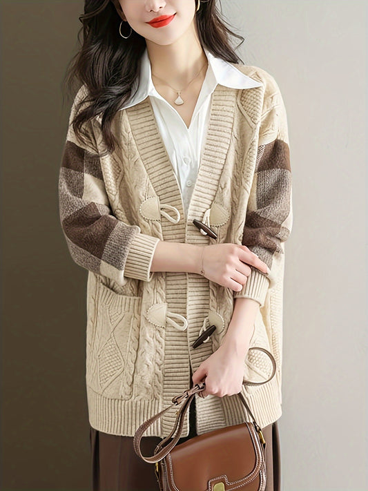 Chic striped knit cardigan for women, plus size with open front, long sleeves, and pockets. Perfect for autumn and winter.