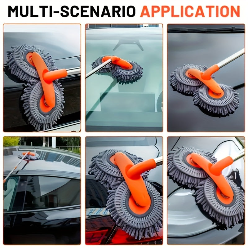 Dual Disk Design Car Wash Mop with soft brushes, efficient and gentle on paint. Ideal for dusting and detailing. Ultimate car cleaning kit without battery.