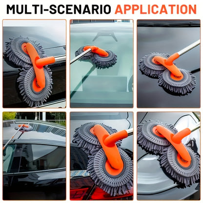 Dual Disk Design Car Wash Mop with soft brushes, efficient and gentle on paint. Ideal for dusting and detailing. Ultimate car cleaning kit without battery.