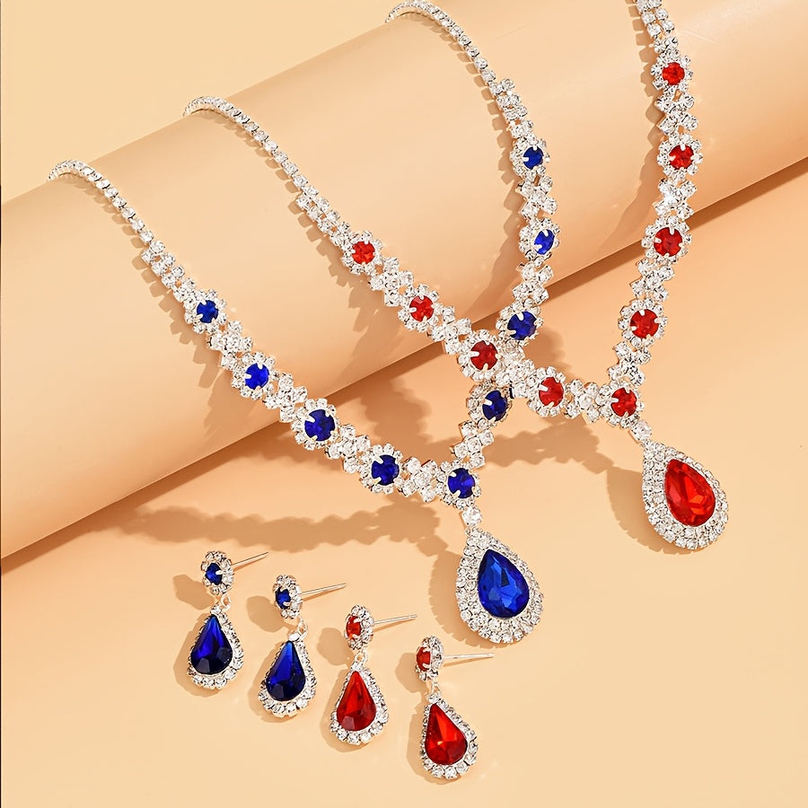 Vintage Elegant Jewelry Set: Stunning Synthetic Teardrop Rhinestone Necklace and Earrings in Silver Plated Copper. Featuring a Heart Theme and December Birthstone, this set is perfect for both Daily Wear and Party Occasions. Makes a romantic Valentine's