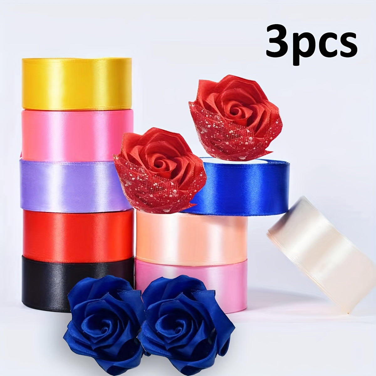 3 pieces of 4cm wide and 22 meters long ribbon for holiday gifts, weddings, DIY rose bouquets, bows, and hair clips.