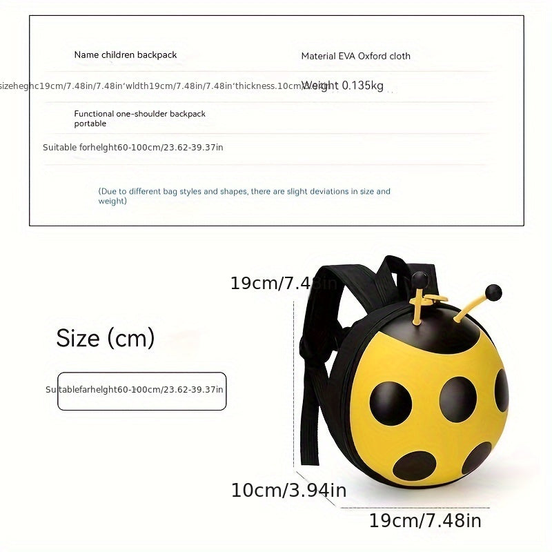 Durable, waterproof ladybug backpack for toddlers 1-3 years. Adjustable straps, stain-resistant, EVA material with yellow & black polka dot design. Perfect for boys & girls.