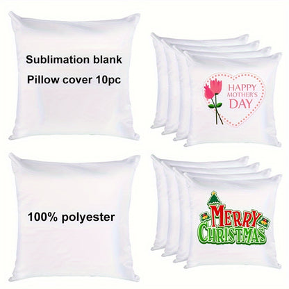 Ten traditional-style sublimation polyester throw pillow covers, 40.64x40.64 cm, hypoallergenic with invisible zipper, hand wash only. Double-sided and blank for heat press and DIY printing.