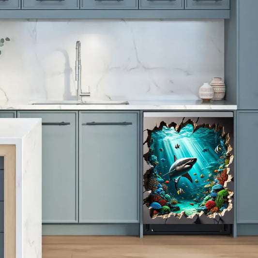 Vinyl Magnetic Dishwasher Cover featuring Underwater Shark Adventure - Waterproof, Heat Resistant, Easy to Clean. No Power Required. Portrait Orientation. Rectangular Sticker for Refrigerator Door Decoration in the Kitchen.