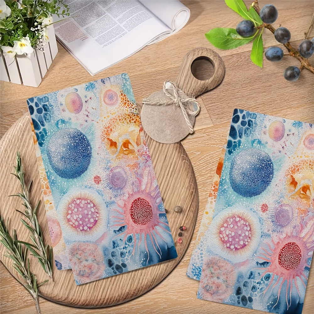 Two ultra soft kitchen towels featuring a design of eukaryotic vs prokaryotic cells. These highly absorbent and machine washable dish hand towels showcase a vibrant marine life theme. Measuring 40.64x60.96 cm, they are the perfect addition to your