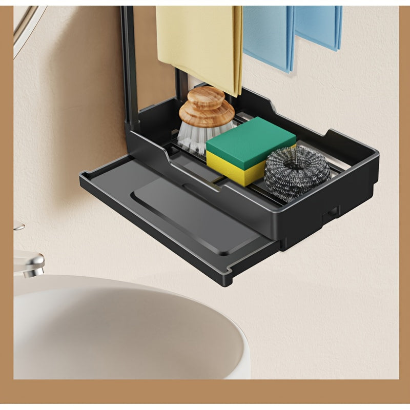 Durable wall-mounted dish cloth and sponge holder with drainable shelf for kitchen and bathroom organization. Perfect for neatly storing sponges and dishcloths, keeping your countertop clutter-free. Ideal for home organization and storage.