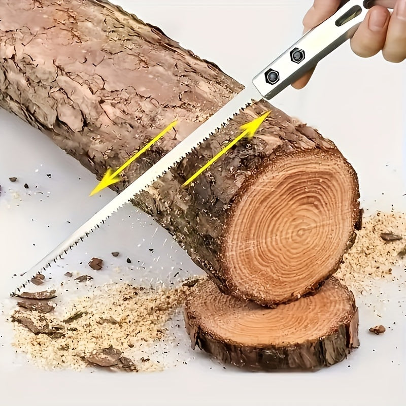 Multi-purpose mini hand saw for gardening, wall paneling, and logging. Made of durable plastic and metal, requires no power. Ideal for tree trimming.