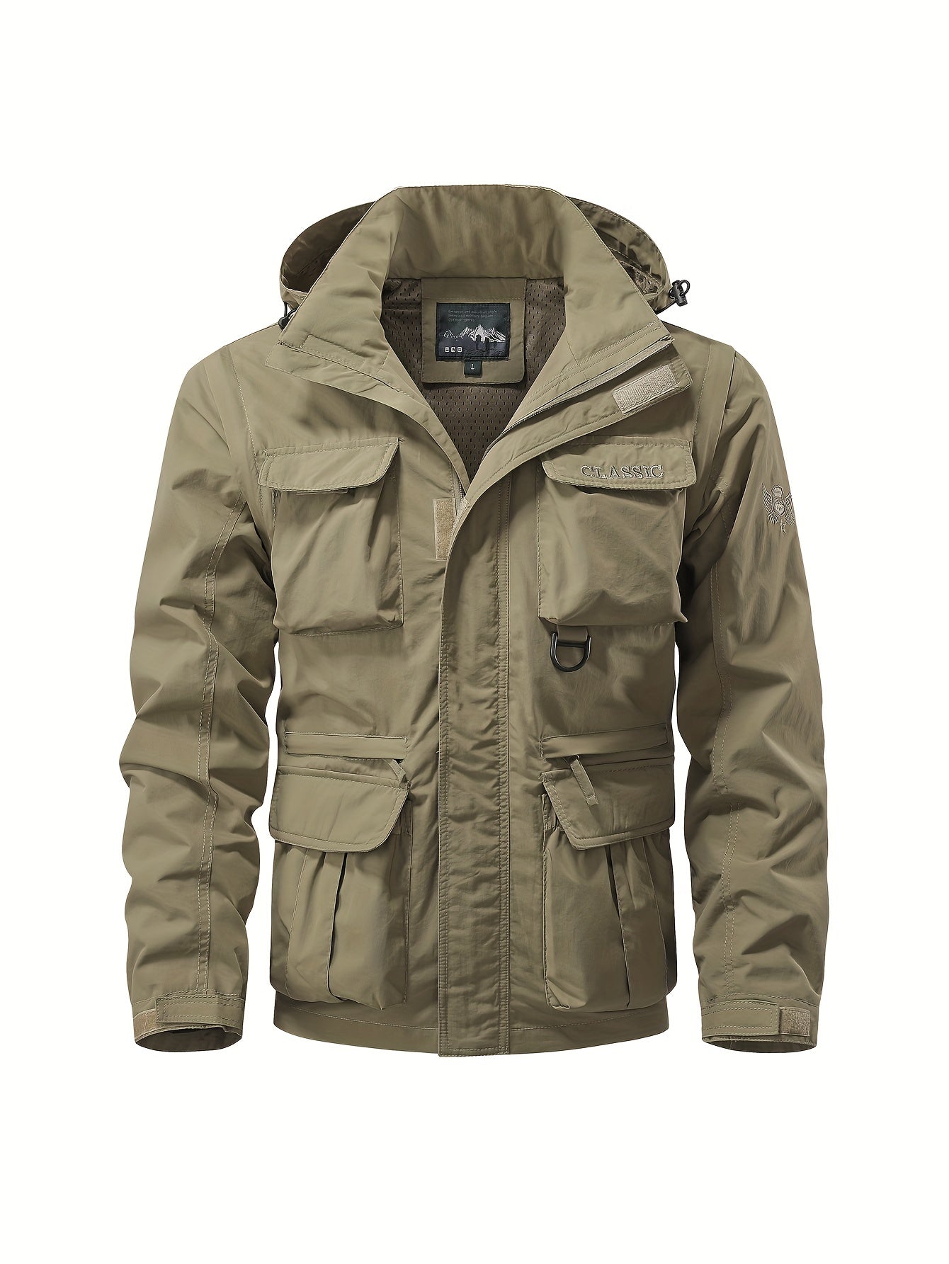 Men's Detachable Windbreaker Hooded Jacket with Multi Pocket Cargo Vest for Outdoor Activities.