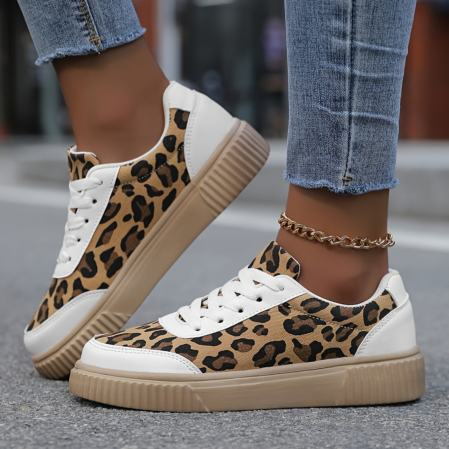 Women's Retro Leopard Print Sneakers - Casual Lace-Up, Stain-Resistant Low Tops with Comfortable EVA/Rubber Insole