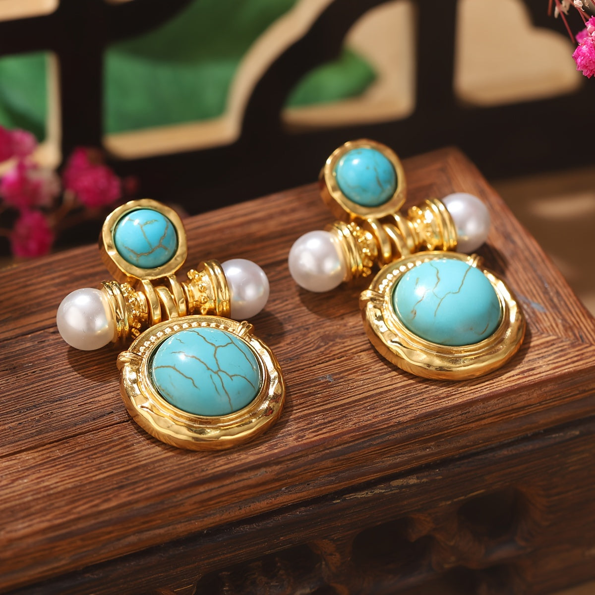 Elegant Bohemian Turquoise Pearl Earrings: Featuring 18K Gold Plating on an Alloy Base with Silver Earwires, Perfect for Everyday Wear and Special Occasions