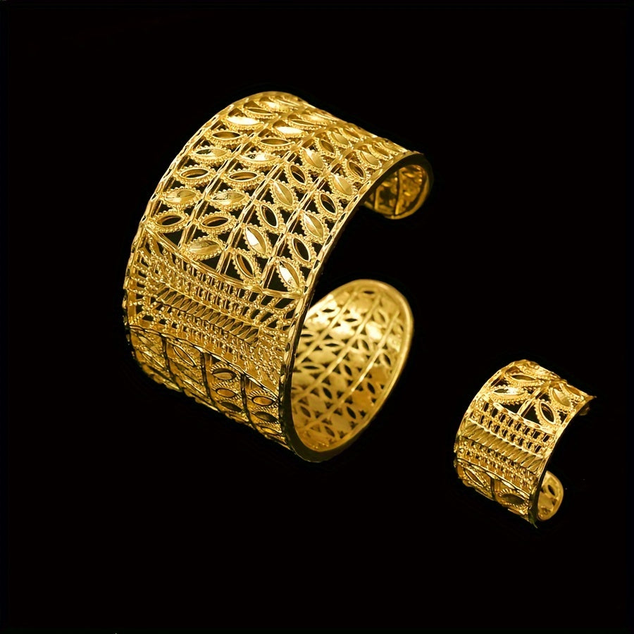 Stylish Duo: Vintage-Inspired Hollow Bangle & Ring Set - Ideal for Weddings, Parties, & Festivals