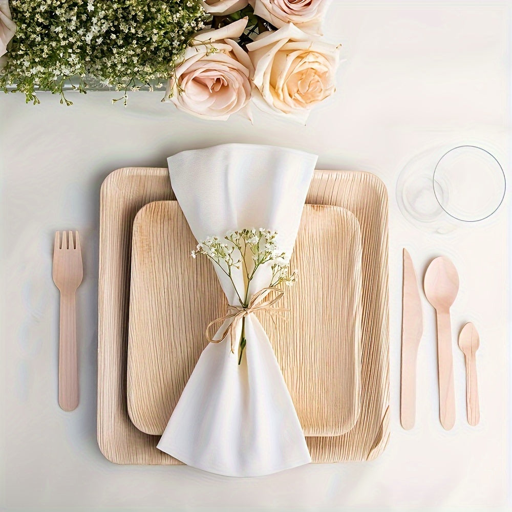 Set of 200 pieces of 5.5-inch Party Birch disposable dessert cake tableware, including 50 pieces each of 140mm knives, forks, spoons, and 95mm tip spoons. Perfect for weddings, birthday parties, and graduation parties.