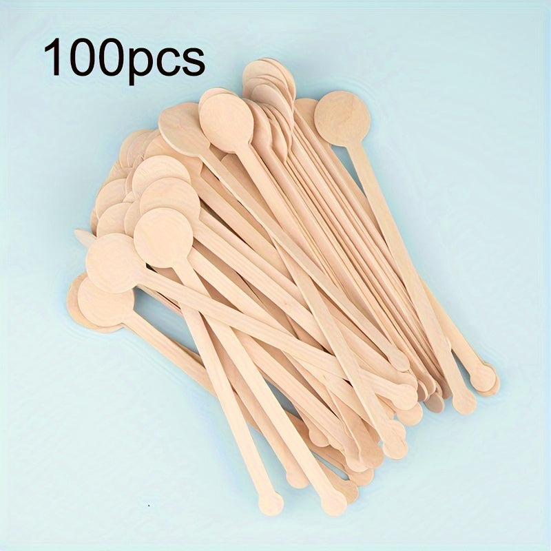 100 pieces of disposable wooden coffee stirrers with round ends for stirring coffee, cocktails, milk, and tea.