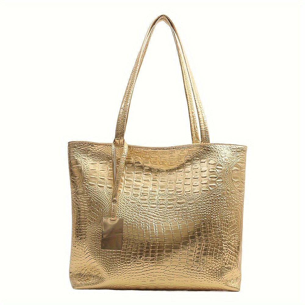 Lightweight, business casual tote with large capacity. Double handle shoulder bag made of PU material, features crocodile pattern detail, ideal for commuting and work.