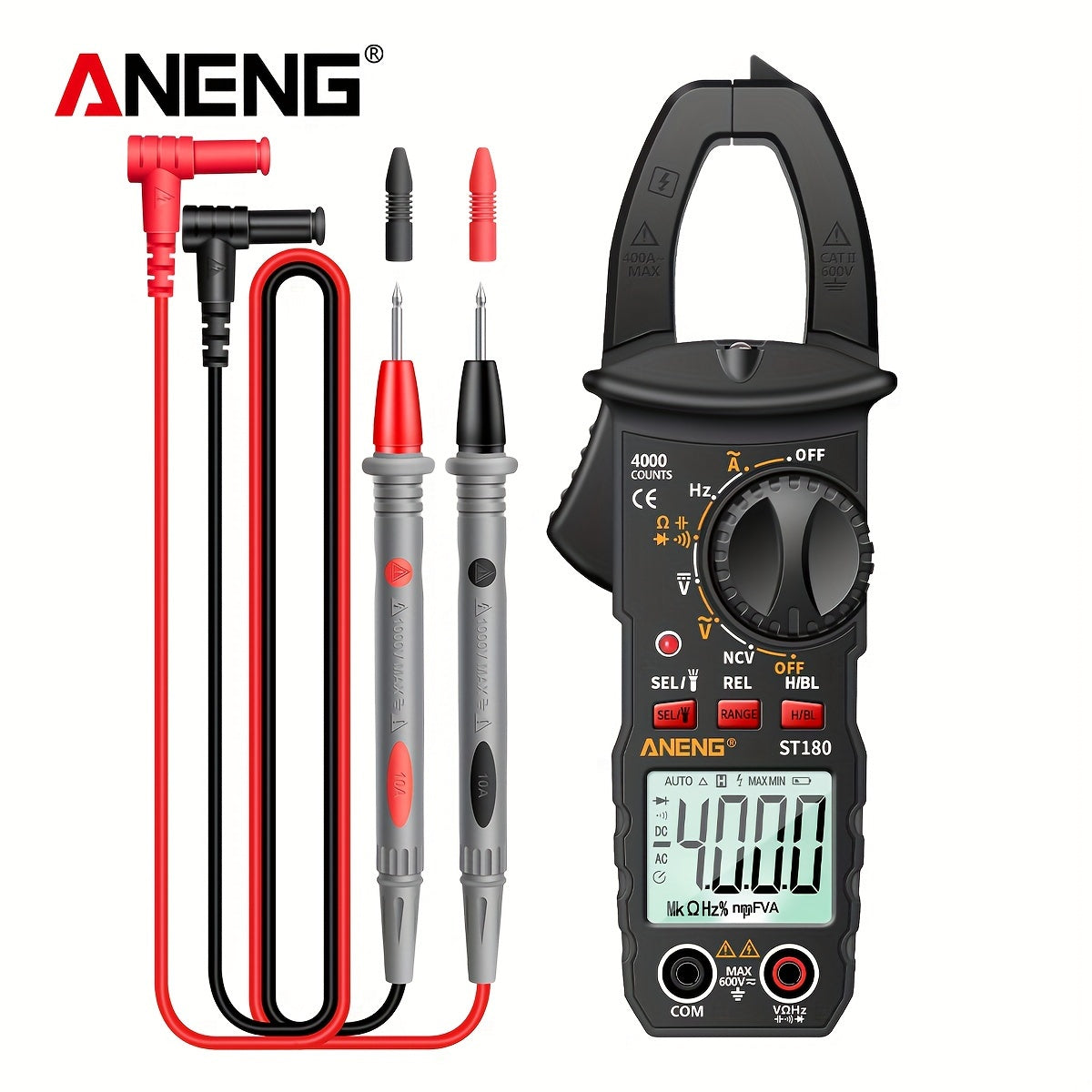 ANENG ST180 is a 4000 count digital clamp meter for measuring AC current, voltage, frequency, capacitance, and resistance, as well as testing car amps and non-contact voltage.