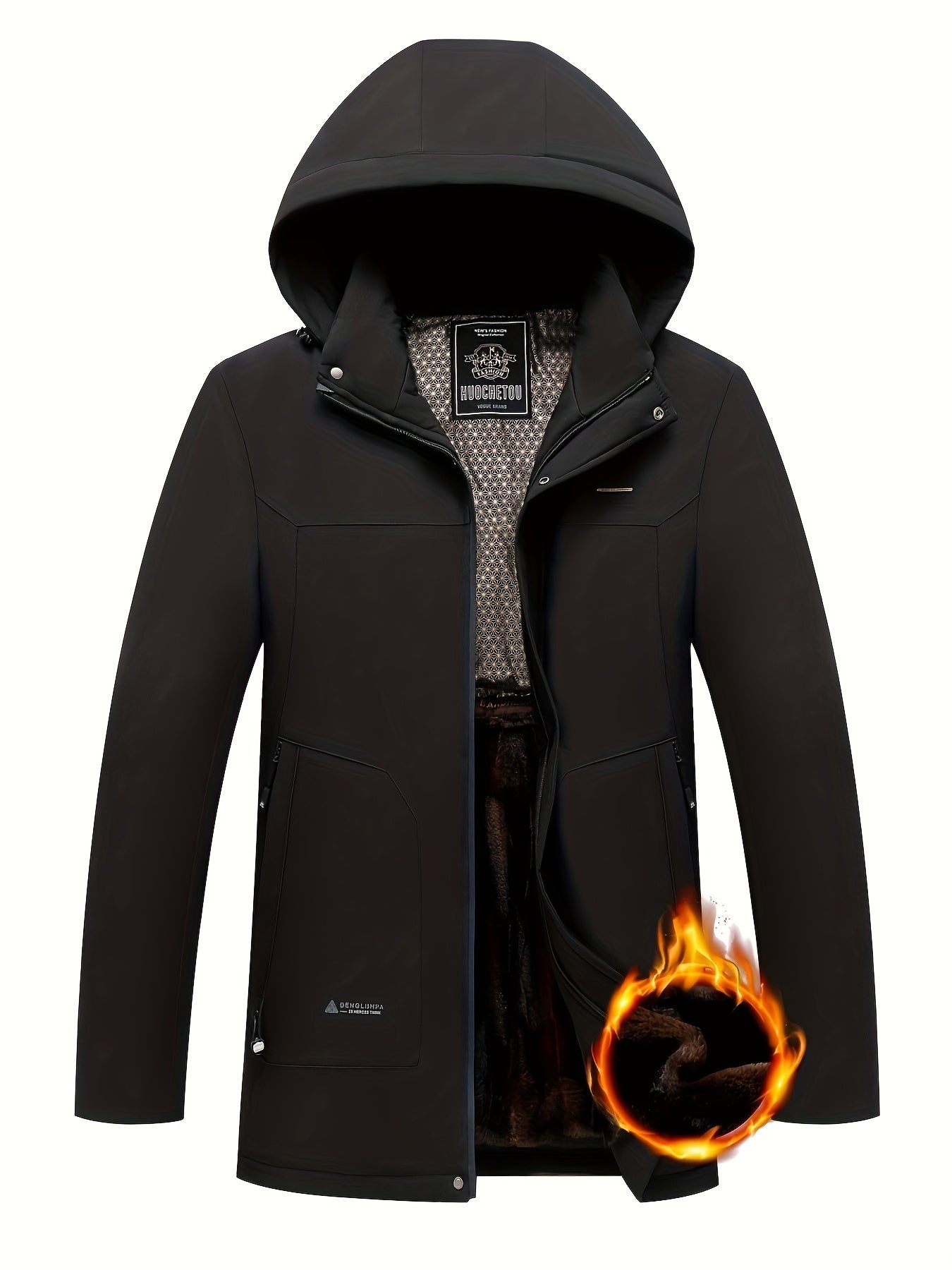 Navy Blue Men's Winter Jacket with Detachable Hood, Fleece-Lined, Machine Washable, Perfect for Outdoor and Casual Wear