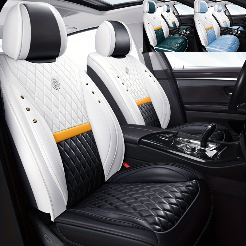 Luxury 5-seat car seat covers in Napa leather with diamond stitching, crocodile texture design. Fits sedans, SUVs, and vans. Adjustable headrests, full coverage. Available in black, white