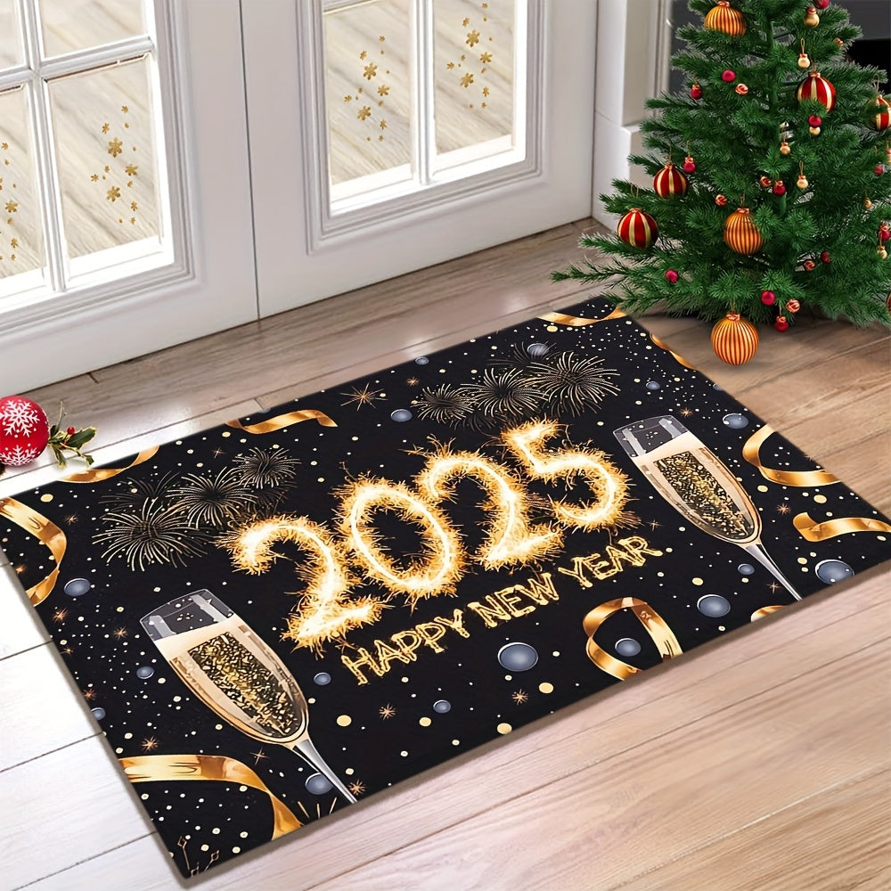 1 piece of rectangular polyester fiber doormat for the year 2025, featuring a festive Champagne cup print. This non-slip mat is machine washable and perfect for entryways, kitchens, living rooms, bedrooms, and bathrooms. It is lightweight, easy to clean