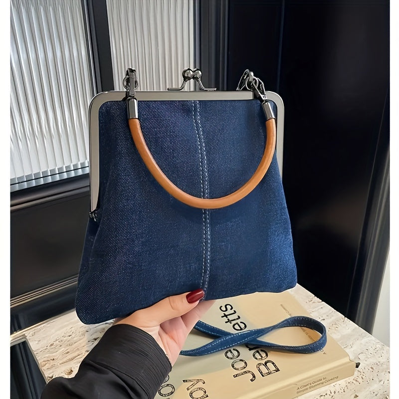 Handcrafted Denim Crossbody Bag for Women with Clasp Closure and Wooden Handle, Handmade Jeans Purse that Folds, Tassel Accents in Solid Blue, Polyester Lining, Painted Edges - Stylish Artisan Messenger Bag Ideal for Festive Gifts