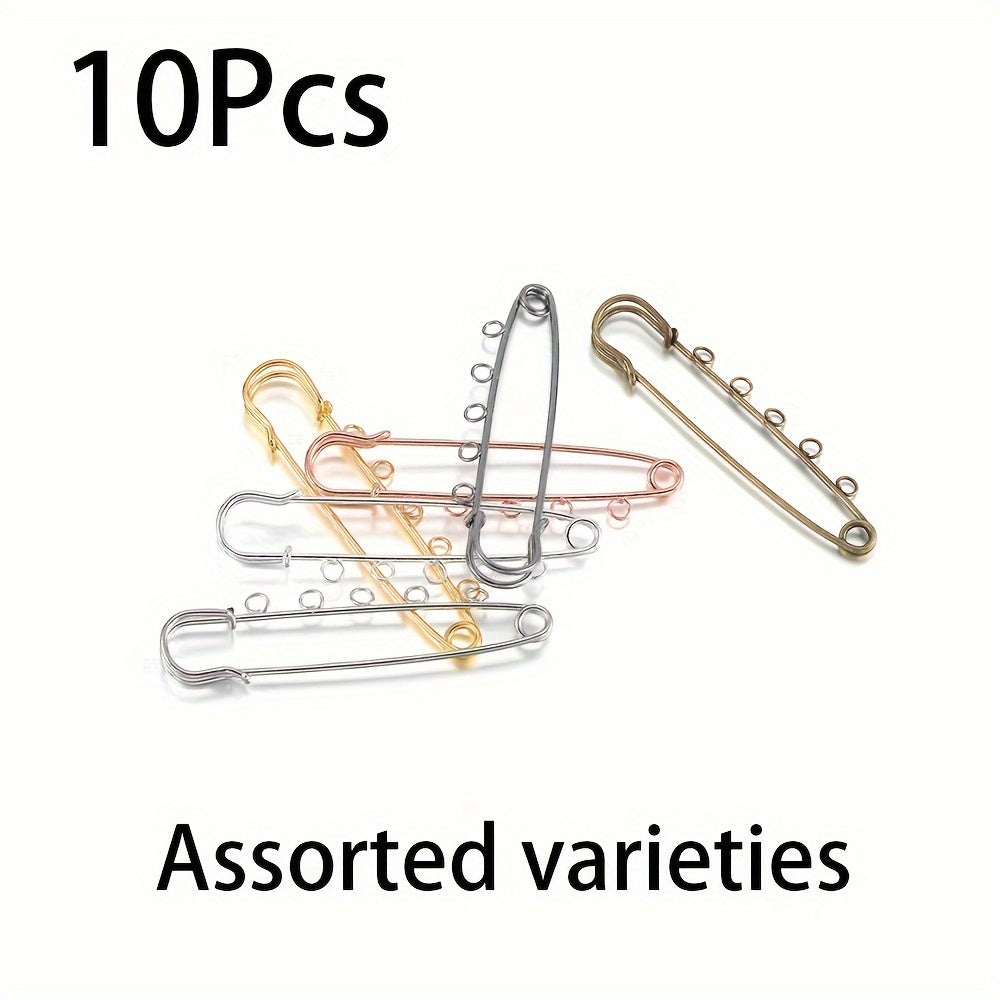 Iron safety brooch kilt pins findings accessories for jewelry making. Pack of 10 pieces measuring 80x20mm with a hole size of 3.5mm.