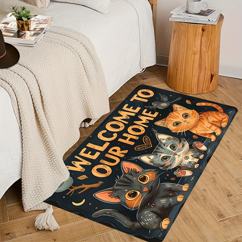 Add a Touch of Adorableness to Your Home with this Cute Cats "Welcome to Our Home" Doormat - Easy to Clean Machine Washable Polyester Non-Slip Rug Perfect for Any Room in Your House or Outdoor Area - Stylish and Functional Mat to Keep Your Space Clean