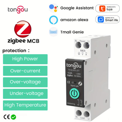 1pc Tongou Zigbee Smart Switch, 1-63A, Wi-Fi compatible with Alexa and Google Home, timer function, overload protection, energy monitoring, Tuya and Smart Life app.