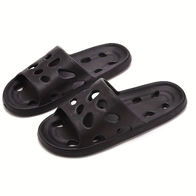 1 Pair of EVA Slippers with Solid Color Hollow-Out Design, Non-Slip Sole, Drainage Holes, and Soft Shower Slides.