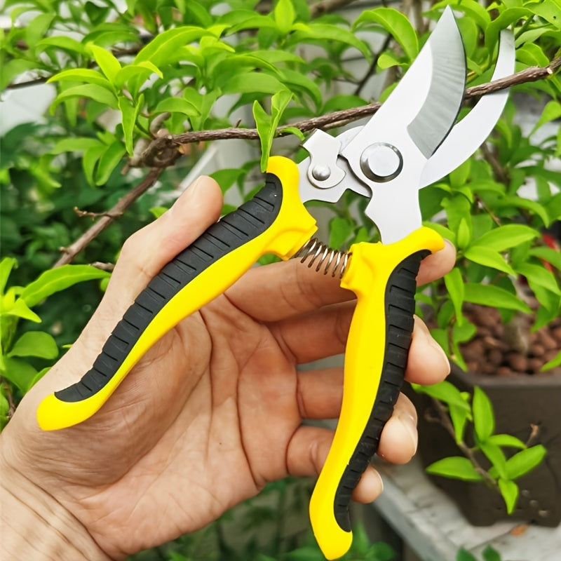 Stainless steel fruit and branch scissors with multi-functional, anti-slip design for labor-saving manual pruning.