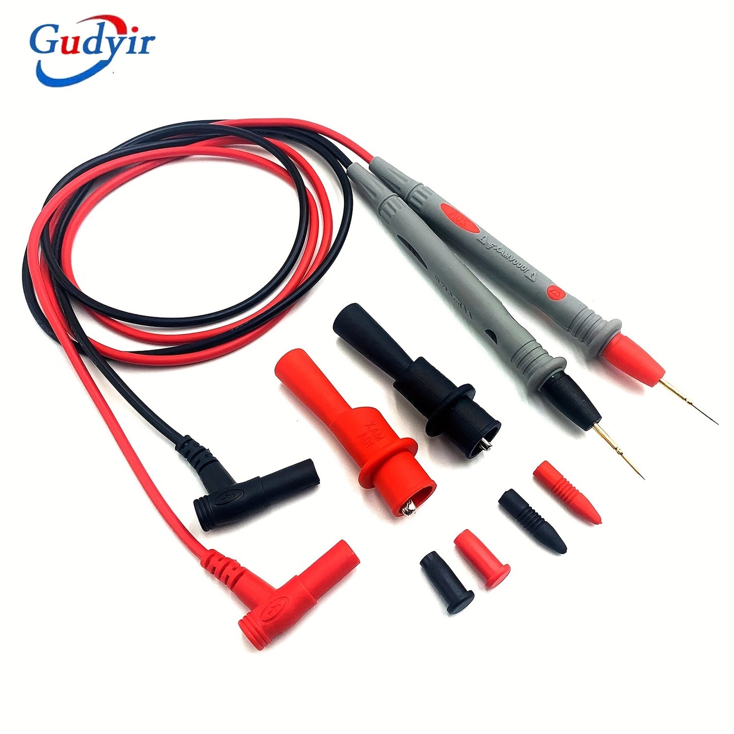 One set of universal multimeter test leads with alligator clips and various test probes for measuring AC/DC voltage up to 1000V and current up to 20A.