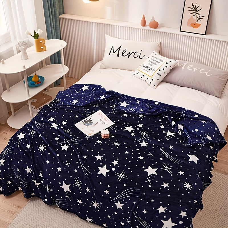 Soft, warm, and cozy, the Starry Night Blue Flannel Throw Blanket is perfect for your couch, bed, office, or travel adventures. Made of all-season polyester fleece, this blanket features a stylish geometric space design.