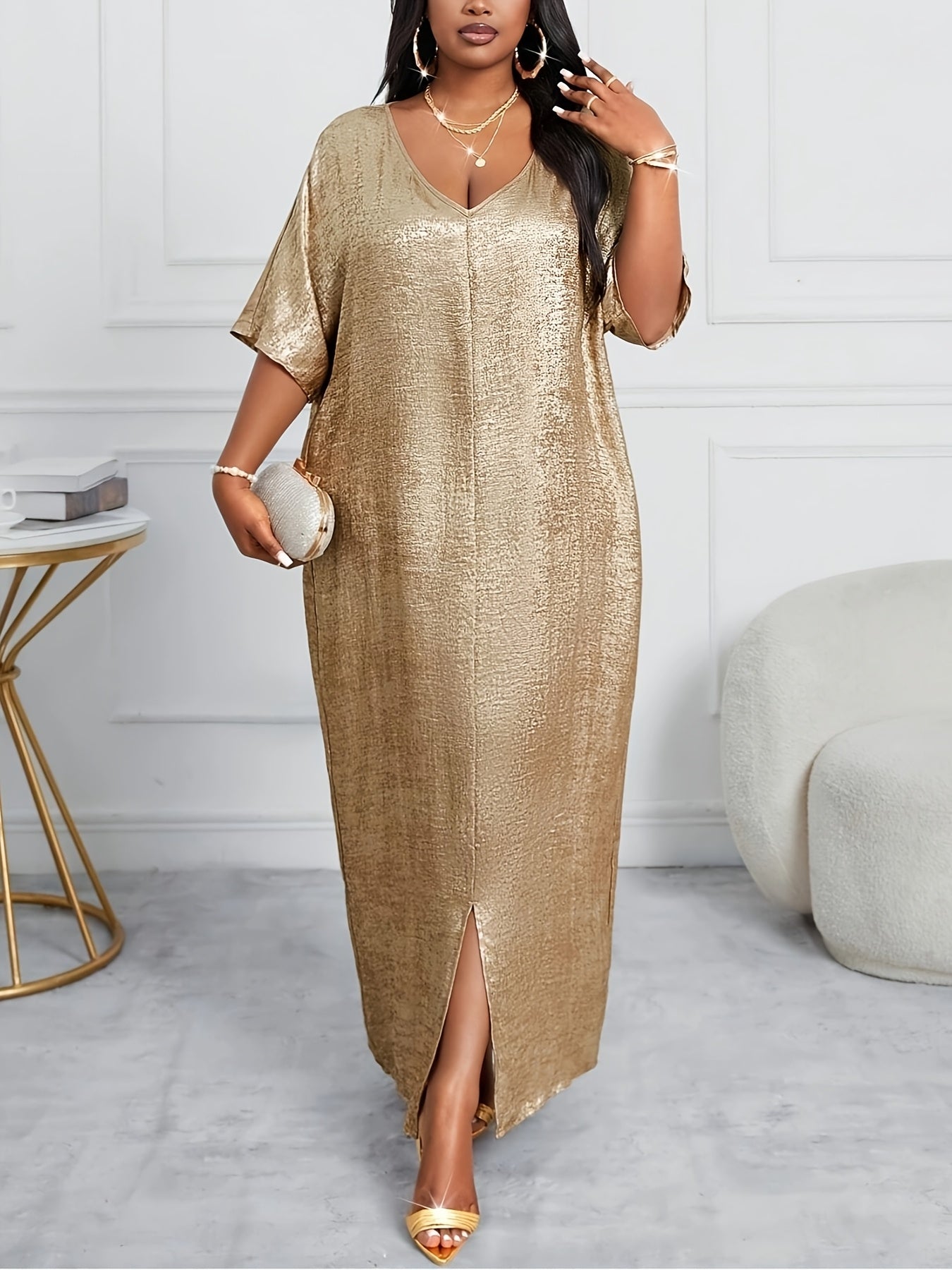 V-neck Plus Size Birthday Party Dress with Short Sleeves and Shiny Slit Skirt