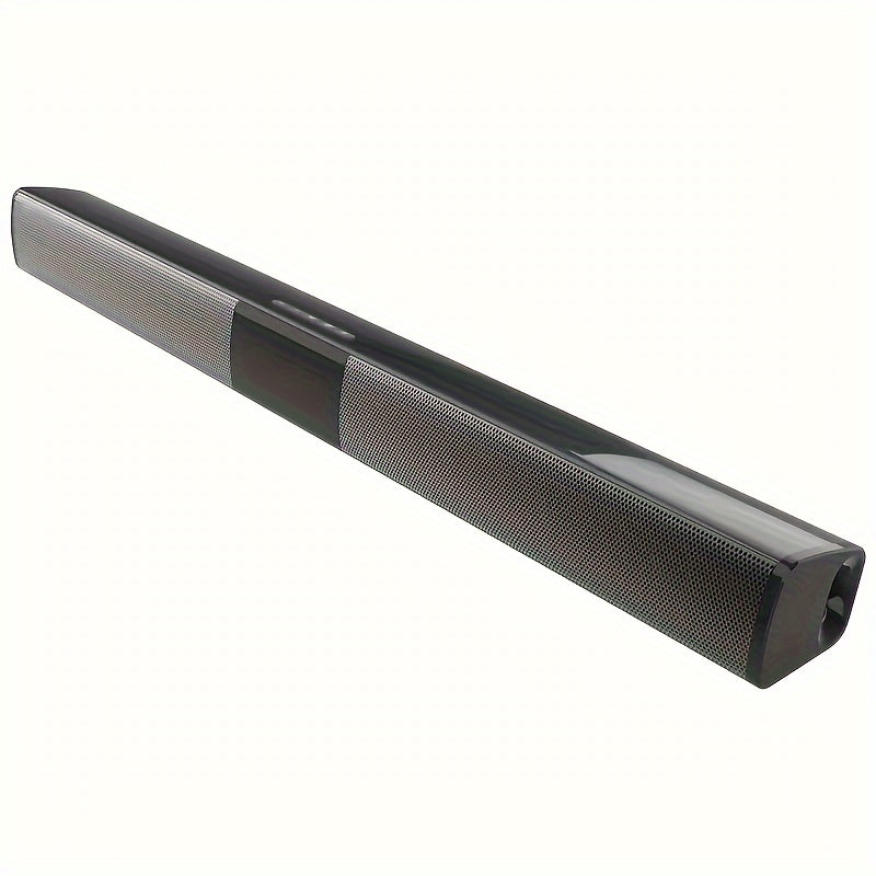 Wireless soundbar with built-in subwoofers and stereo speakers for use with computers, smartphones, and tablets, featuring button control and USB charging.