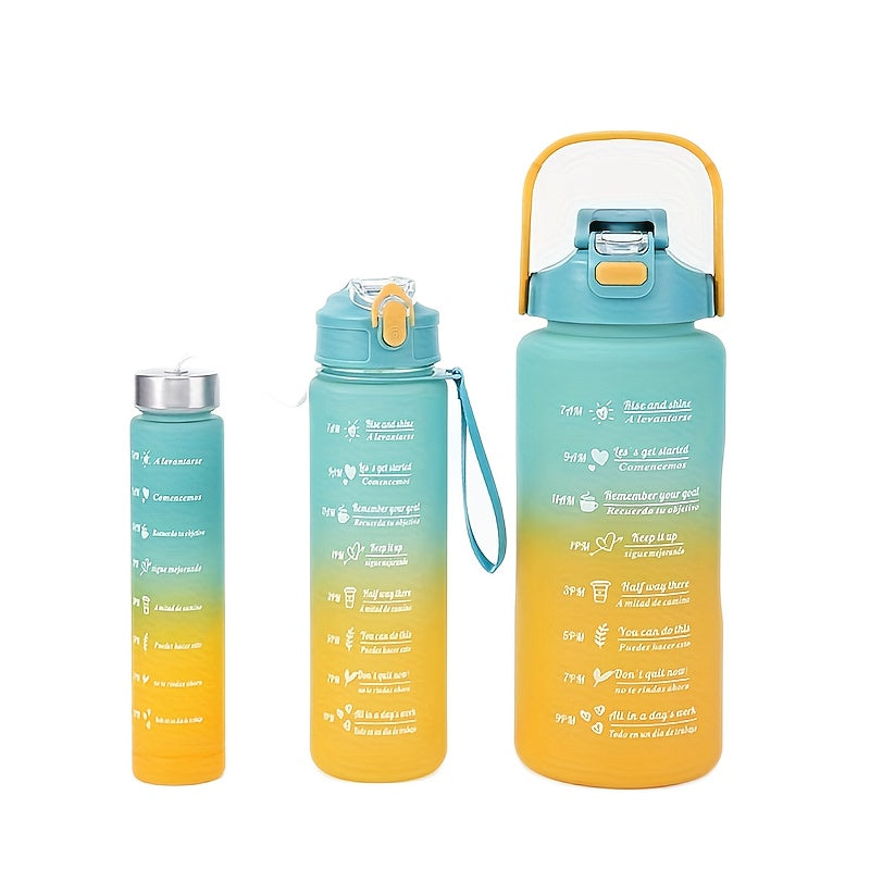 Set of 3 motivational water bottles (2000ml, 800ml, 300ml) with straw, sleeve. Ideal for outdoor activities and birthdays.