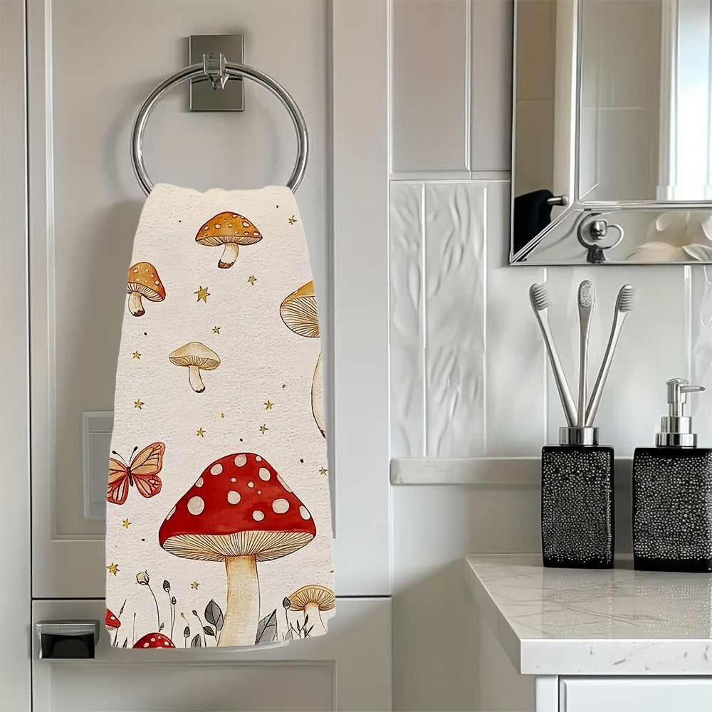 Two whimsical mushroom and butterfly kitchen towels made from ultra soft and highly absorbent polyester. These dish cloths are machine washable and measure 40.64x60.96 cm. Perfect for adding a touch of holiday decor to your kitchen, these towels are both