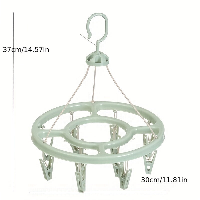 Get the 1pc12 Clip Round Drying Rack made of plastic. It can rotate 360 degrees, making it windproof. Hang your socks easily with this multifunctional rack that can also be used for infant and toddler clothes storage. The hook can also be used for