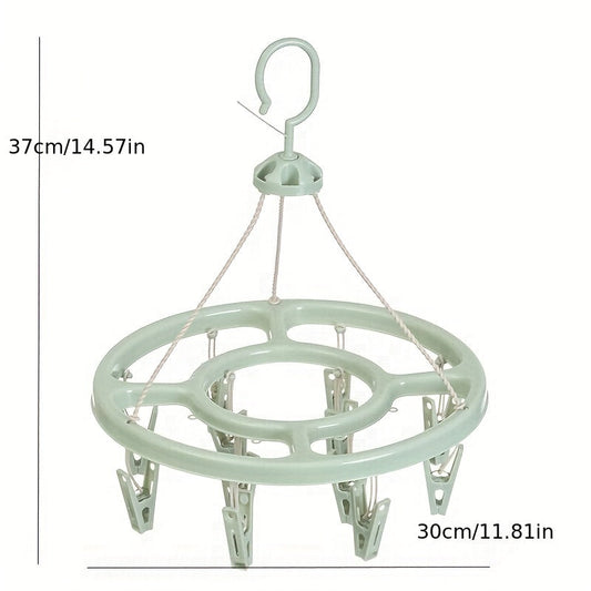 Get the 1pc12 Clip Round Drying Rack made of plastic. It can rotate 360 degrees, making it windproof. Hang your socks easily with this multifunctional rack that can also be used for infant and toddler clothes storage. The hook can also be used for