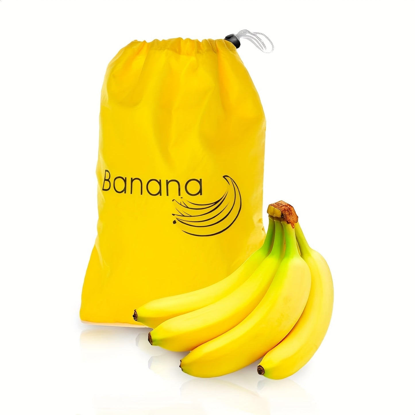 Reusable banana storage bag with drawstring, made of food-grade nylon and aluminum. Large capacity and double stitched to prevent ripening. Ideal for storing fruits and vegetables in the refrigerator. Perfect for lettuce and other vegetables.