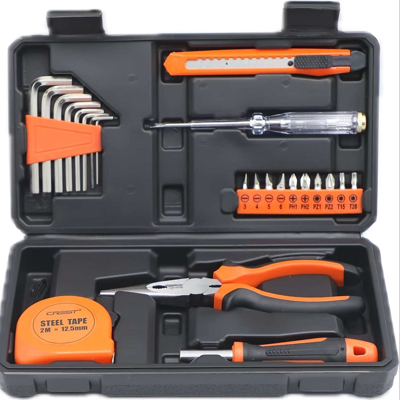 23-piece homeowner toolkit with plastic storage box