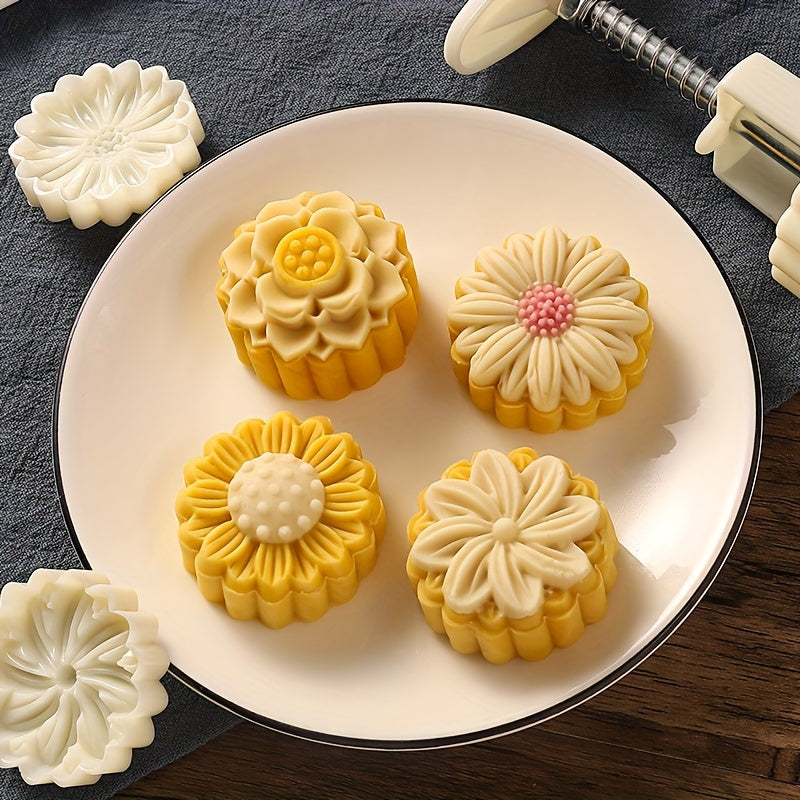 1 Set of Flower Moon Cake Mold with 1 Mold and 4 Stamps, DIY Hand Press Moon Cake Stamps for Mung Bean Cake, Mid Autumn Festival Pastry Mold, Flower-Shaped Moon Cake Maker, Baking Tools, and Kitchen Gadgets