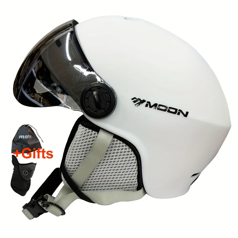 Moon Ski Helmet with Goggles offers all-around protection for outdoor sports like snowboarding and skateboarding. Features include a PC+EPS construction, universal fit, integrated visor