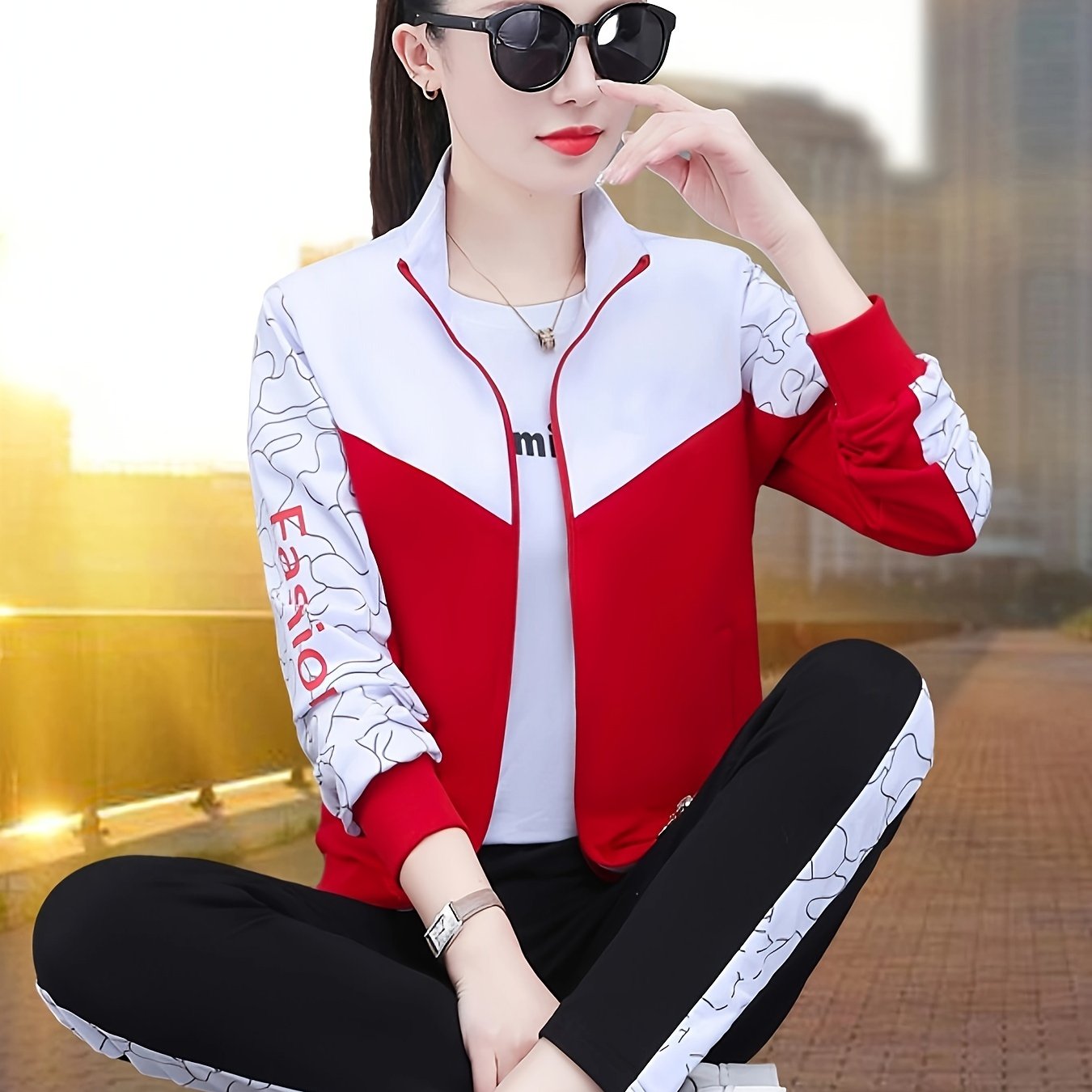 Women's two-piece cardigan jacket sports suit for spring and autumn with long sleeve trousers for casual outdoor wear.