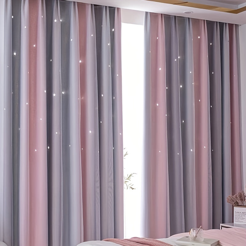 Elegant Living Room, Bedroom, and Office Decor Sheer Curtain in Gray Pink Gradient Star Fabric, Two-Layer, 1 Piece