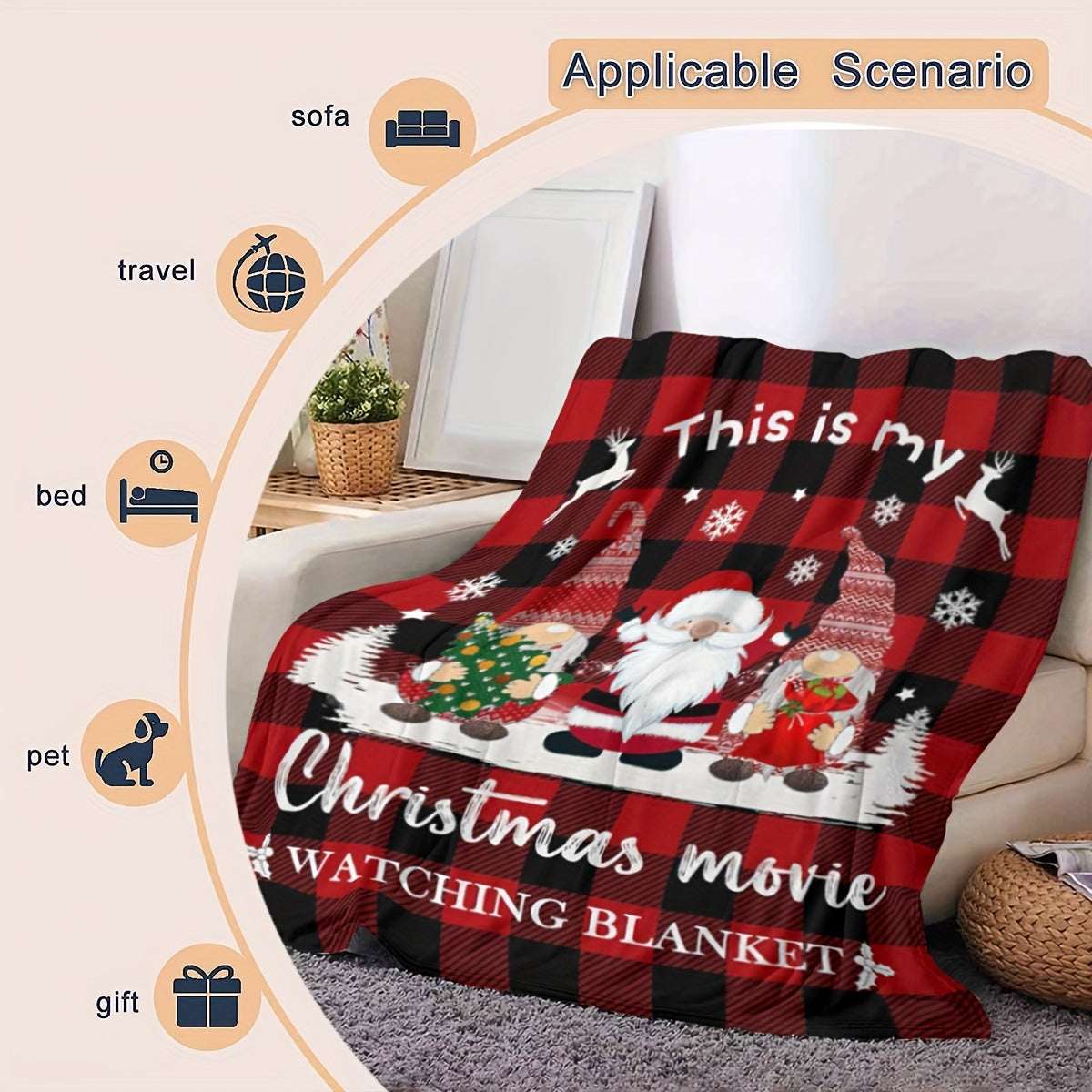 Get cozy this holiday season with our 1-piece Festive Christmas Movie Watching Blanket. This reversible flannel fleece throw features a charming Santa print and a contemporary style. Made with tear-resistant, all-season materials, this multipurpose