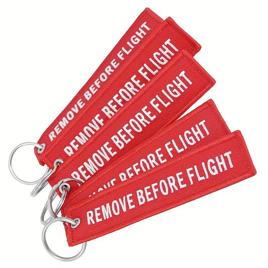 Lot of 5 Fashionable Red REMOVE BEFORE PEW PEW Embroidered Keychains for Men, Aviation REMOVE BEFORE FLIGHT Keychain, Luggage Tag Key Chain