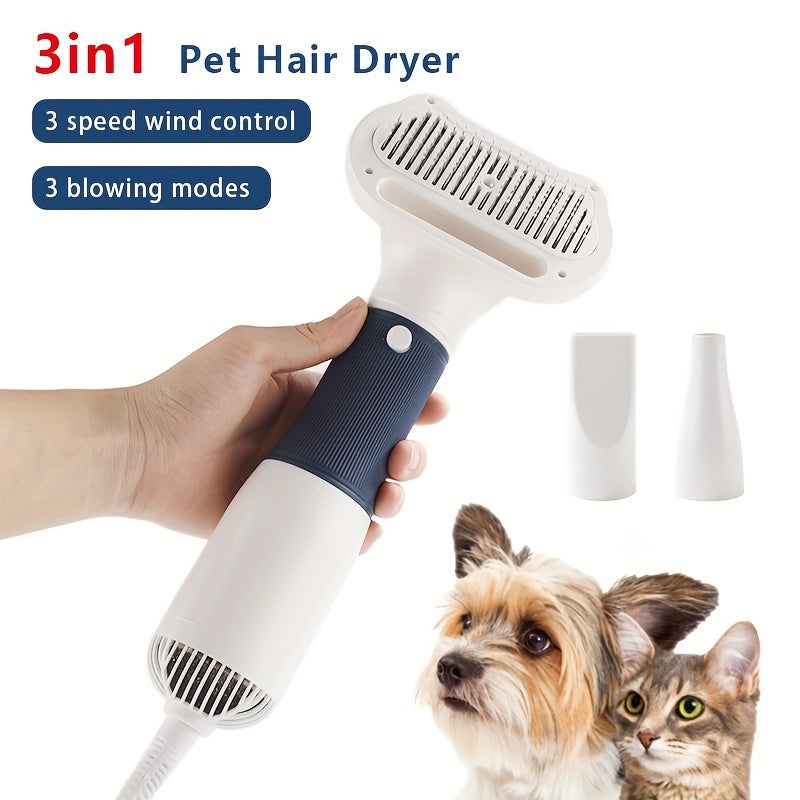 Professional pet grooming blow dryer for cats and dogs with 3 speed wind control and 3 blowing modes, no battery required. Includes pet hair remover comb and fur brush for styling.