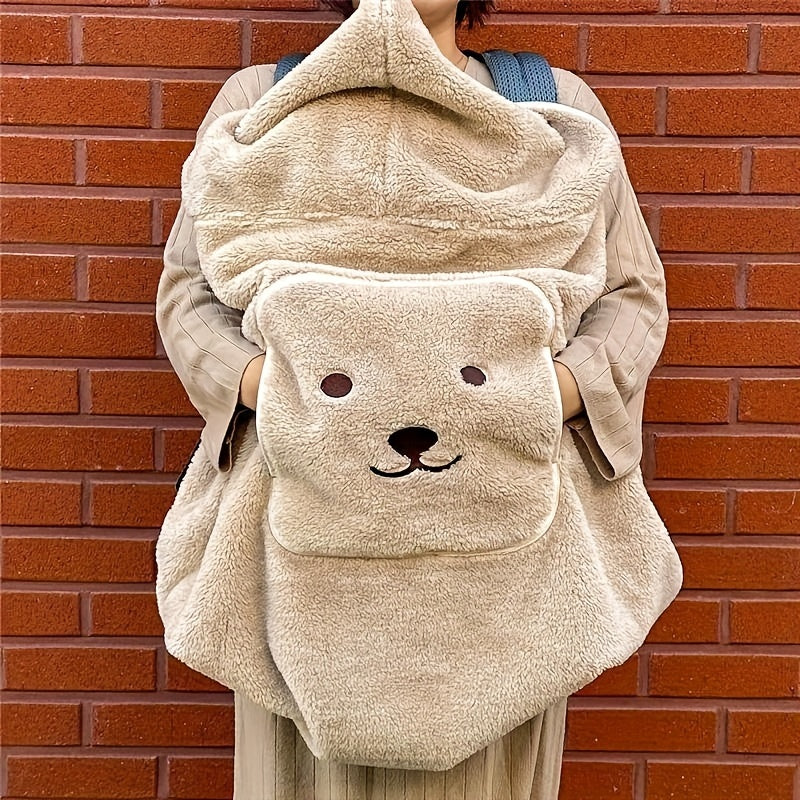 Thickened Windproof Throw Blanket with Bear Embroidery, Portable Carrier for Warmth on the Go, Ideal for Fall and Winter with Windshield Cover and Waist Stool Carrier.