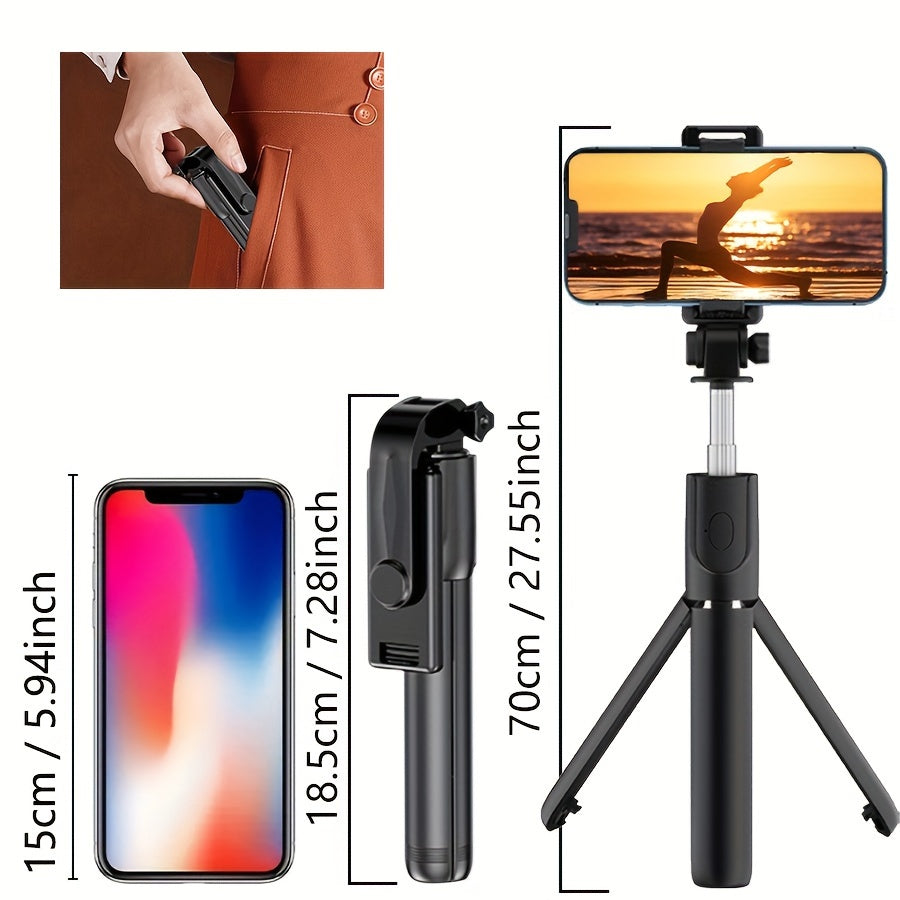 Portable wireless selfie stick tripod with remote control, 360° rotation, extendable up to 70cm, fits iPhone/Samsung/Android, battery-powered with non-rechargeable button battery, made of