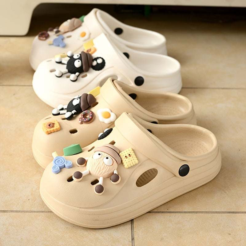 Beige EVA Clogs with Food & Cartoon Charms - Comfortable Slip-On Sandals for All Seasons, Easy to Clean