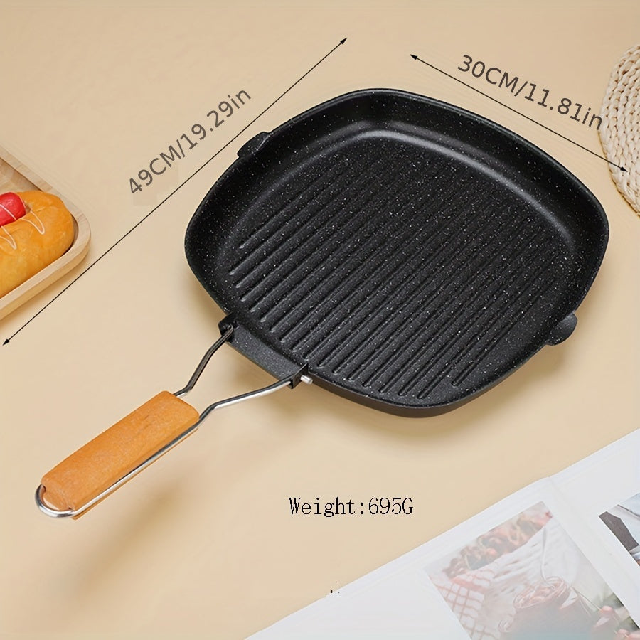 Meizhu Single Meal Cooking: Cast Iron Skillet Non-Stick Grill Pan with Wooden Handle - Oven Safe Griddle for Steaks and Breakfast, Perfect for Gas Stove Compatibility